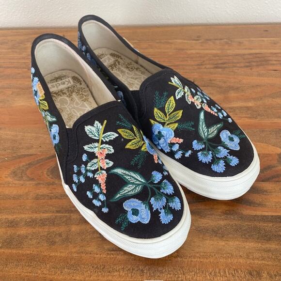 Keds Rifle Paper Co Botanical Black Platform Slip-on Sneakers - Size 8 - Picture 1 of 9